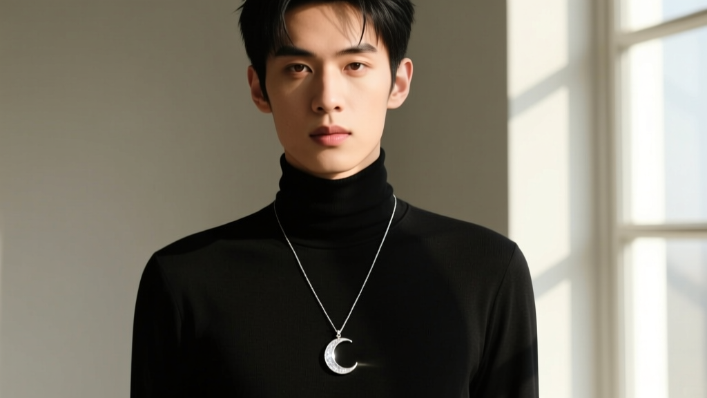 Hollow moon drama boys necklace worn over a black turtleneck, demonstrating the pendant drop length and subtle light reflection.