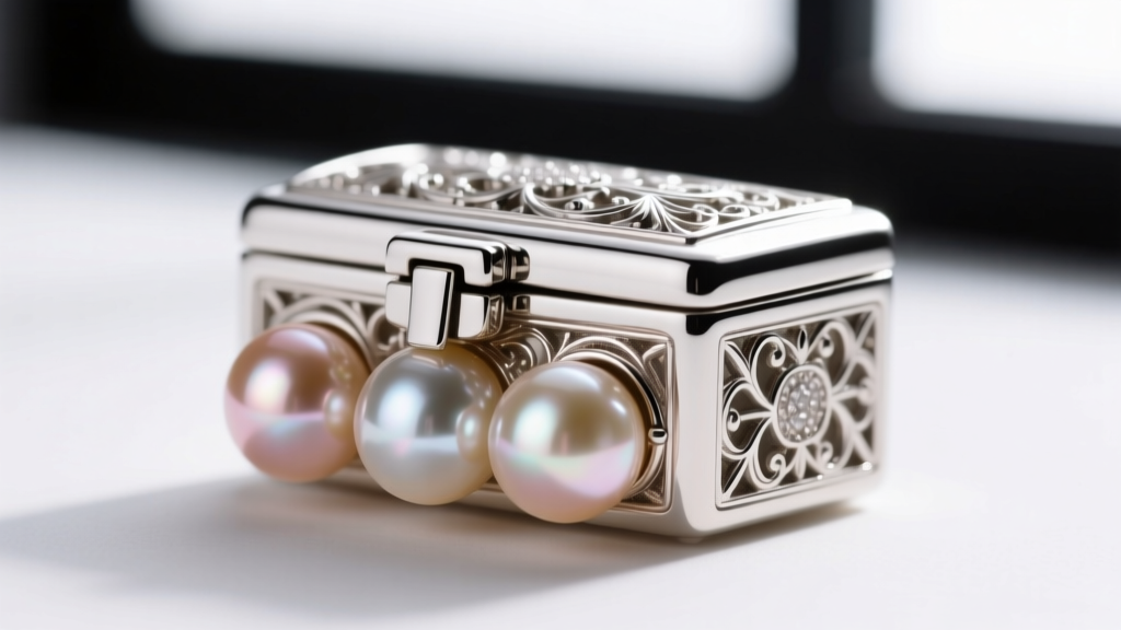 Macro shot of a platinum filigree box clasp securing golden South Sea pearls, highlighting the brushed finish and safety latch.