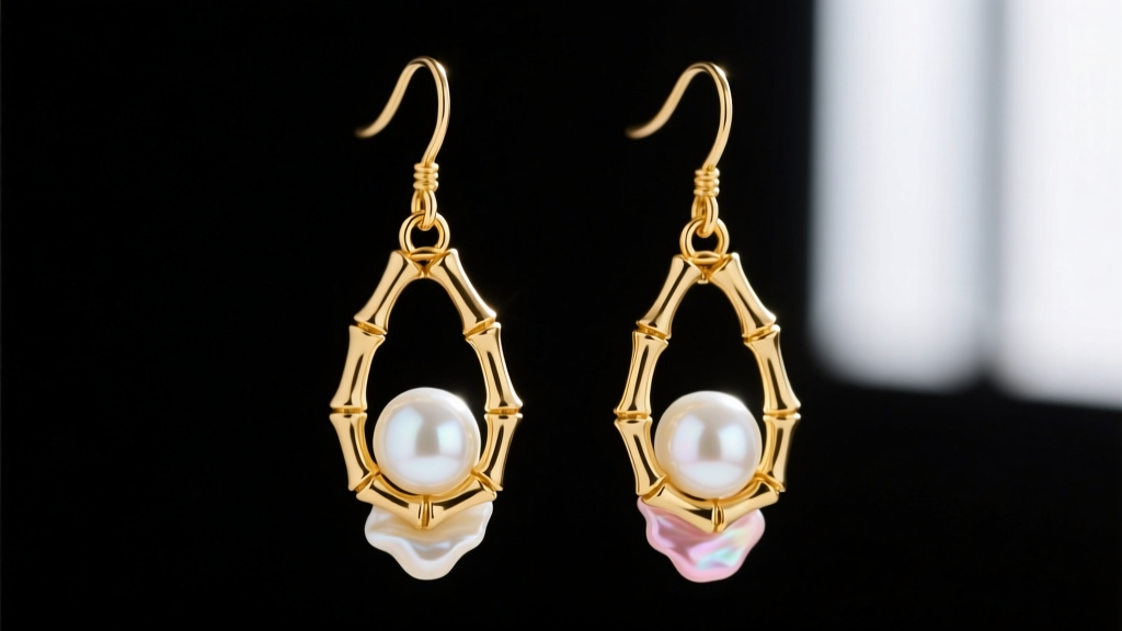 Close-up of 22k gold vermeil bamboo link drop earrings with a lustrous white baroque freshwater pearl resting on dark velvet.