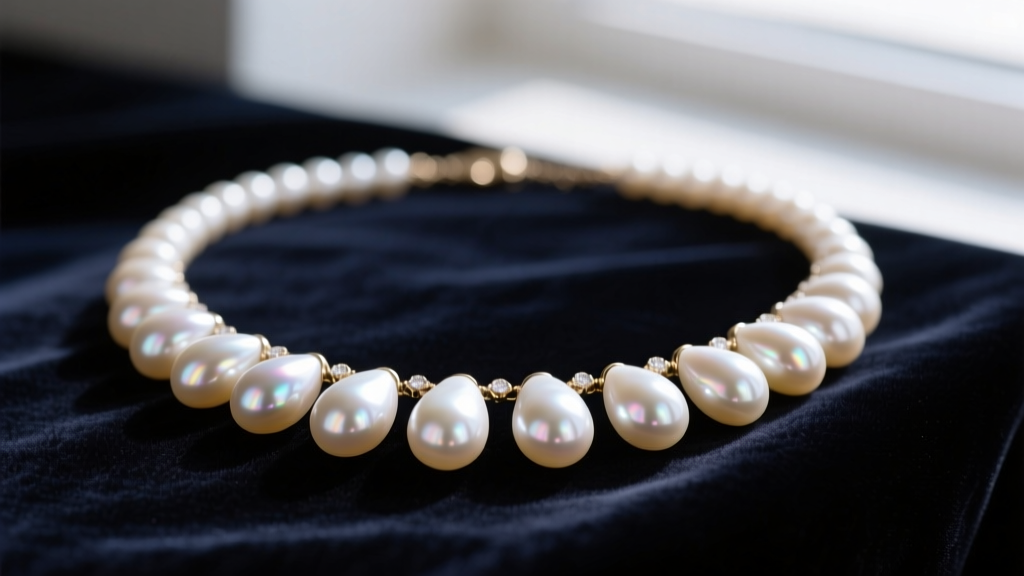 Close-up of a CD pearl necklace featuring semi-baroque cultured drop pearls with high luster, resting on dark velvet for gifting