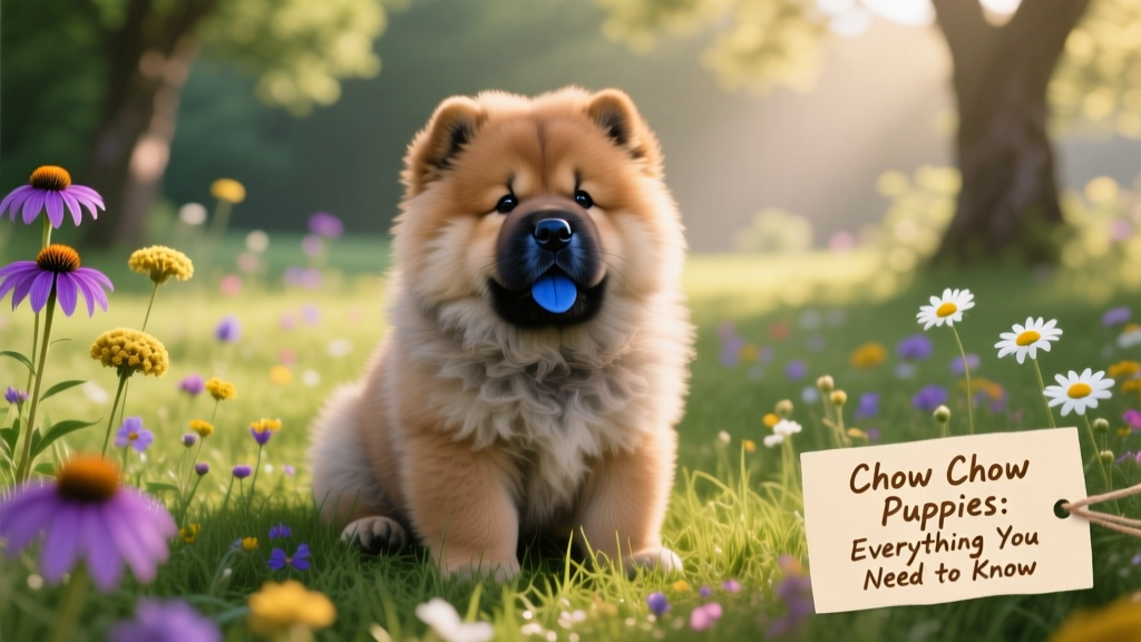A Chow Chow puppy sitting on a grassy lawn surrounded by wildflowers