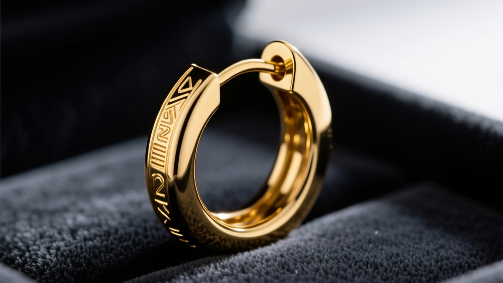 Macro shot of a 12-gauge solid gold hoop earring latch-back clasp mechanism, resting on a dark velvet background with sharp focus.