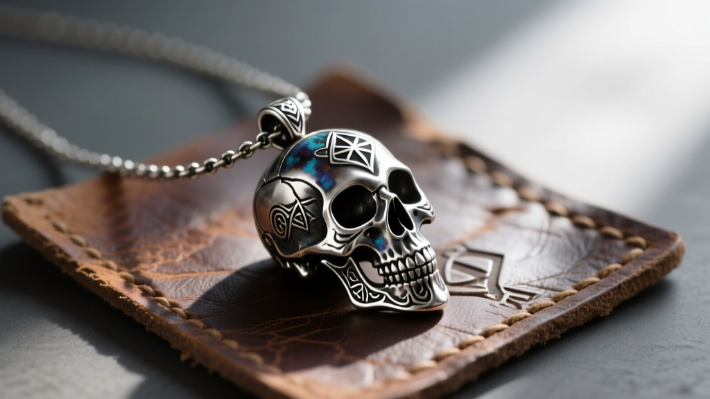 Dark oxidized sterling silver skull pendant replica of an OSRS ranging necklace resting on a worn leather jewelry crafting mat.
