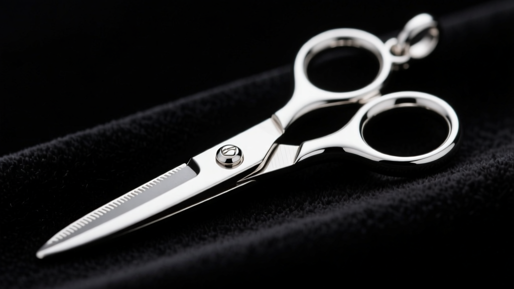 Sterling silver scissor pendant on dark velvet, showing the pivot rivet and blade details under soft, directional studio lighting.