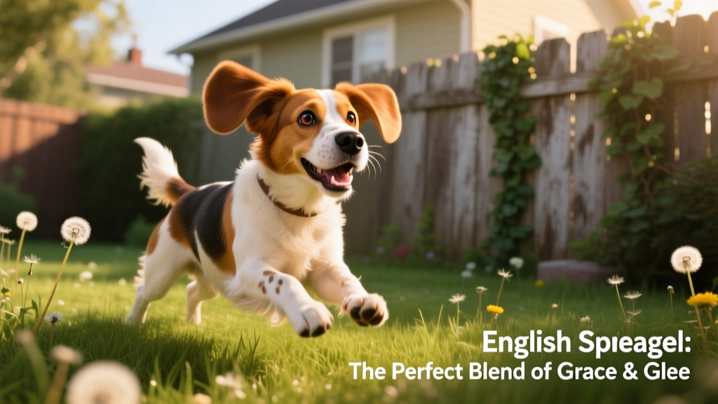 An adult English Speagle happily retrieving a soft toy in a sunlit backyard, showcasing its alert expression and athletic stance