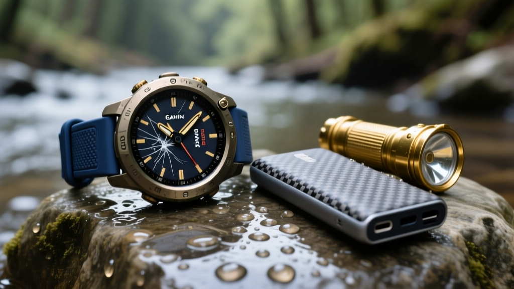 Close-up of scratched Garmin Instinct 3 Solar Tactical watch face resting on wet river rock next to a carbon fiber power bank and brass flashlight
