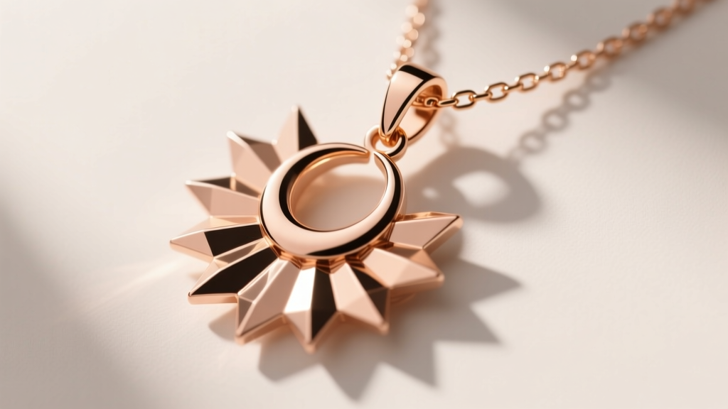 Side profile of 18k rose gold sunburst pendant highlighting hidden integrated bail and 1.2mm box chain threading through it