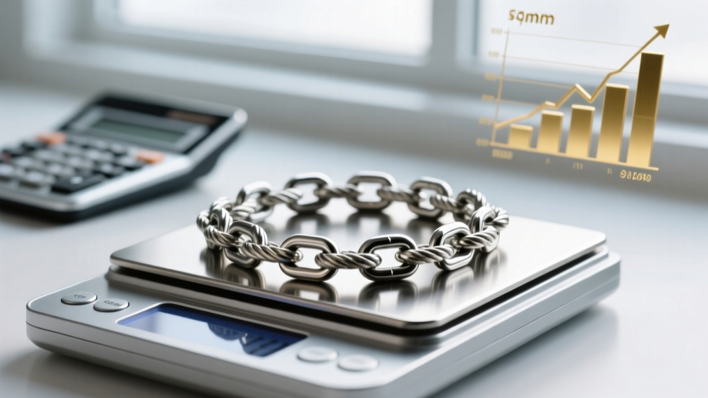 Digital jewelry scale weighing a thick 5mm steel rope chain, with a calculator and gold price chart blurred in the background