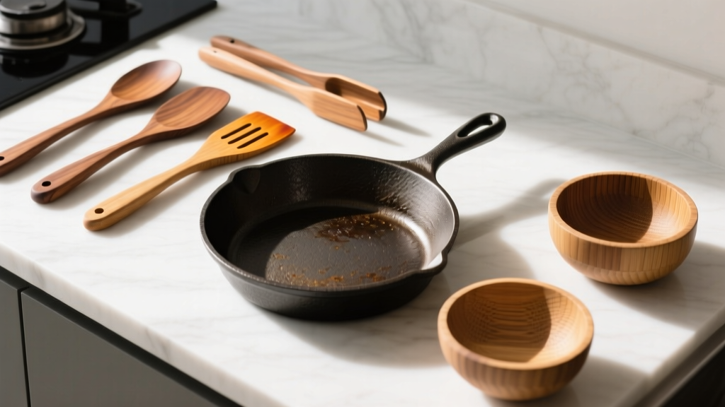 Overhead flat lay of a modern minimalist kitchen counter featuring an assortment of teak spatulas, olive wood tongs, and bamboo prep bowls next to a cast iron skillet