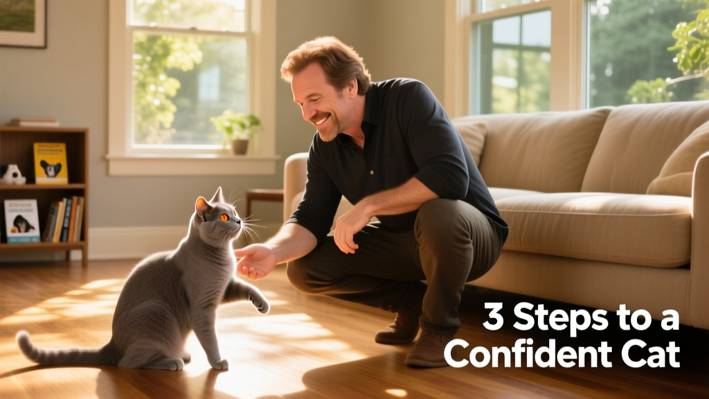 Jackson Galaxy gently interacting with a calm, curious cat in a sunlit living room