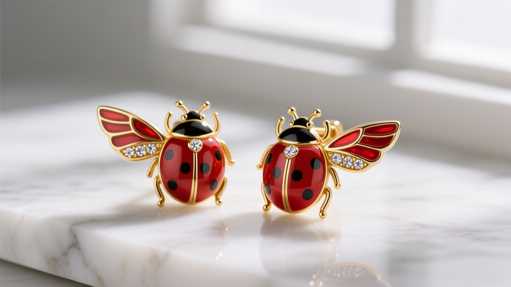 Close-up of 14k gold vermeil ladybird earrings with red vitreous enamel wings and diamond accents resting on white marble