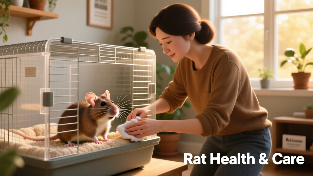 Rat owner gently cleaning a well-ventilated cage with safe bedding