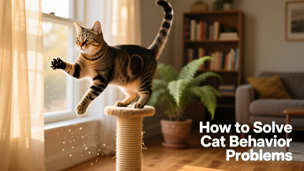 Cat confidently scratching a vertical rope-wrapped post near a sunny window