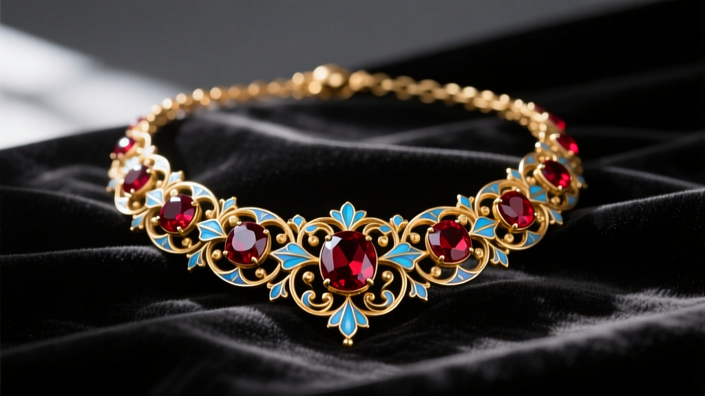 Antique Austro Hungarian necklace with deep red Bohemian garnets and blue guilloché enamel on gold vermeil, resting on dark velvet