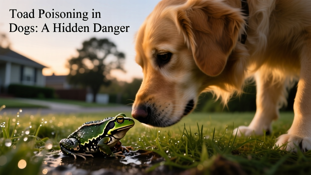 A dog cautiously sniffing a toad on damp grass at dusk
