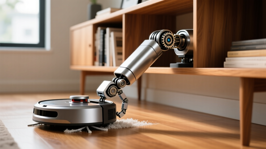 Close-up of a robot vacuum extending its mechanical side arm to mop the baseboards beneath a wooden home office bookshelf.
