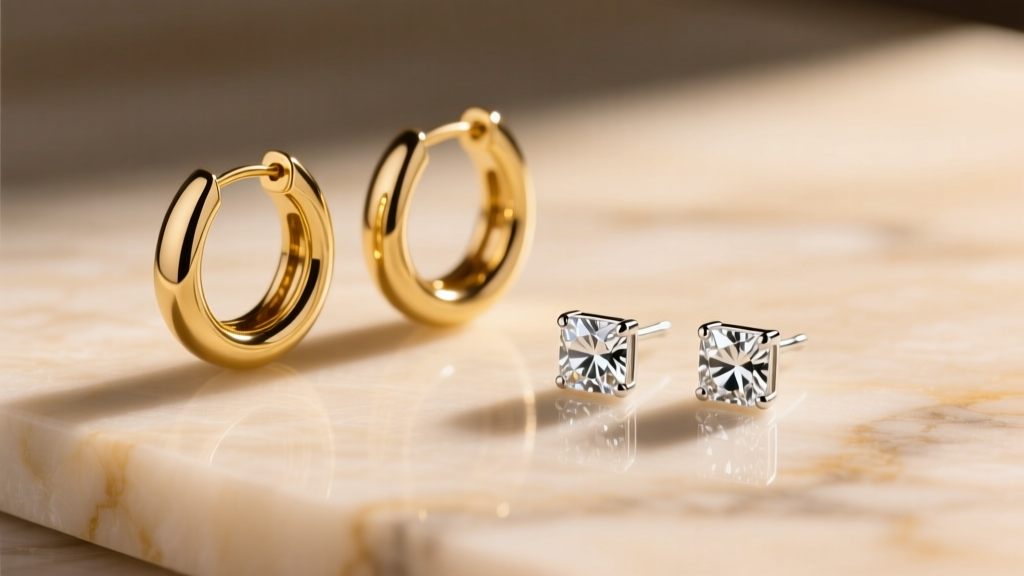 Flat lay of gold-plated hoops and sterling silver cubic zirconia stud earrings on a beige marble surface in soft morning light
