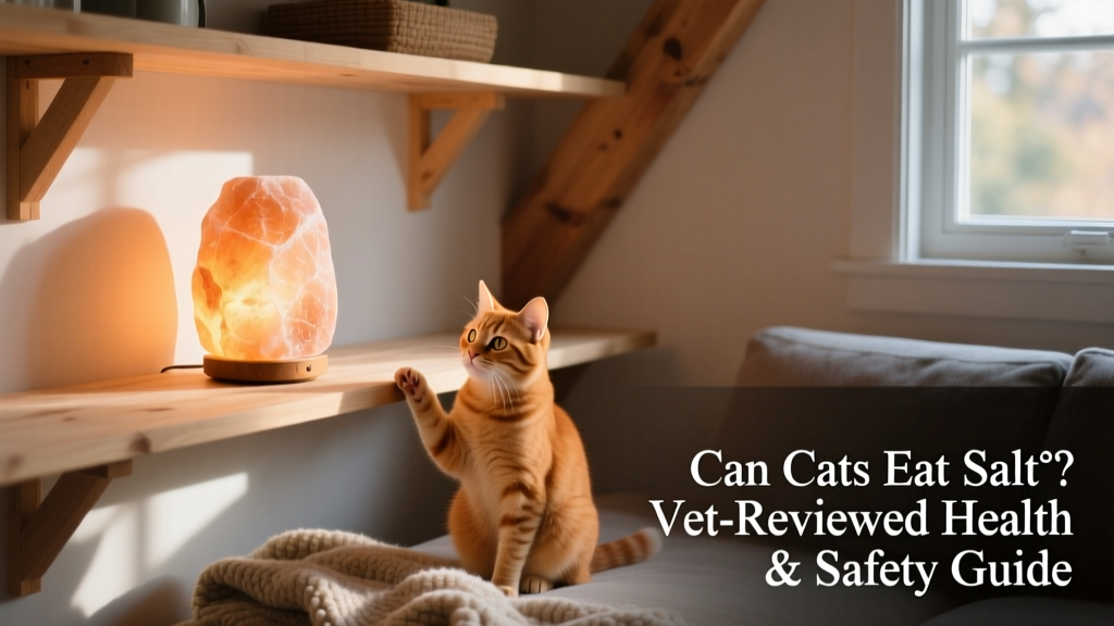 A Himalayan salt lamp placed on a high shelf, with a curious cat sitting nearby but not touching it — illustrating safe placement and awareness