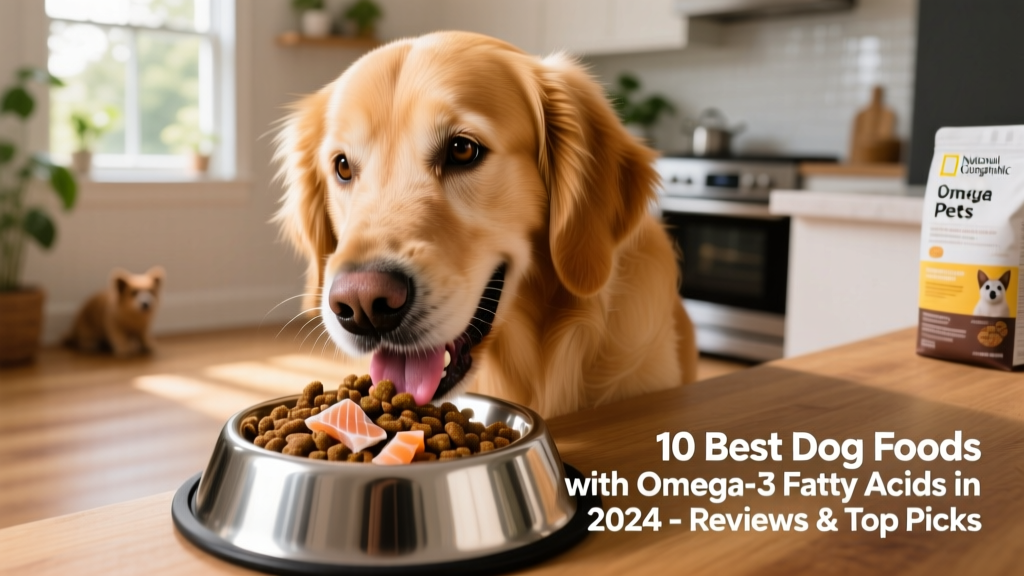 Close-up of a glossy-coated golden retriever happily eating from a stainless steel bowl filled with kibble and fresh fish flakes