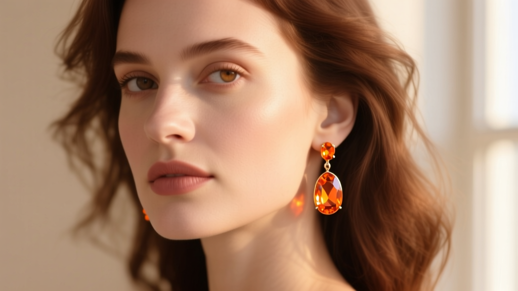 Profile of a woman wearing delicate orange sapphire drop earrings, showing warm sunset hues against a soft beige background.