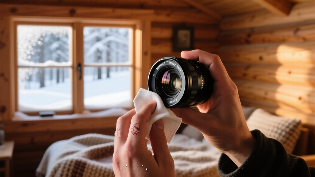 Photographer wiping condensation off a Moment T-Series 18mm smartphone lens with a microfiber cloth inside a warm winter cabin