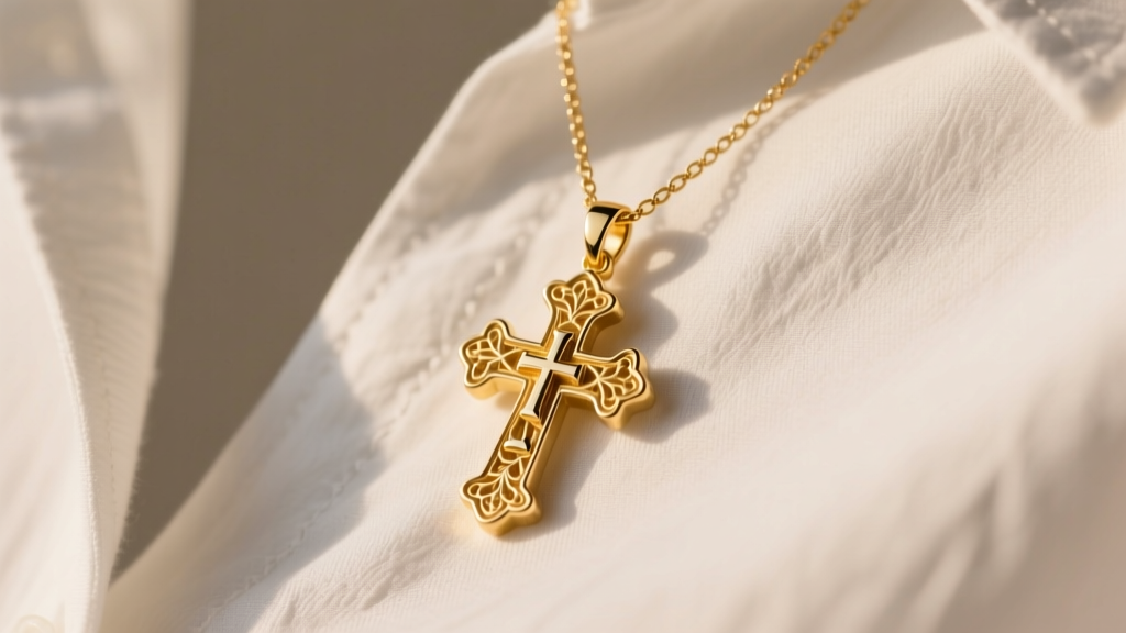 15mm solid 14k gold Jerusalem cross pendant on 1.2mm box chain, resting on a crisp white linen shirt in warm, soft studio lighting.