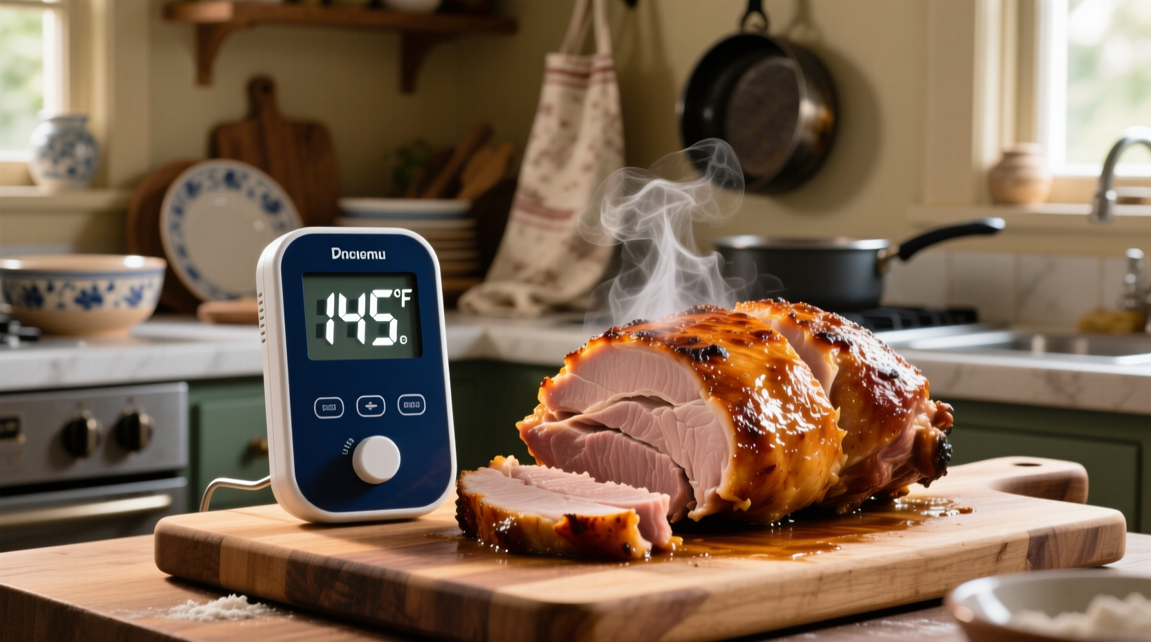 Oven thermometer showing pork roast at 145 degrees