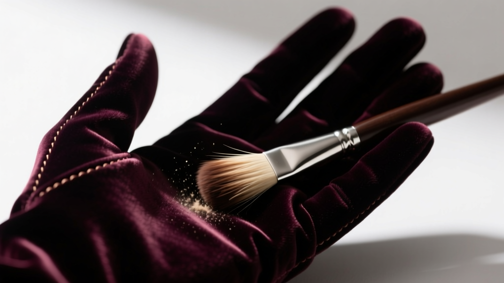Close-up of a dark velvet hand jewelry holder being gently brushed with a horsehair brush to remove dust from the fingers and palm