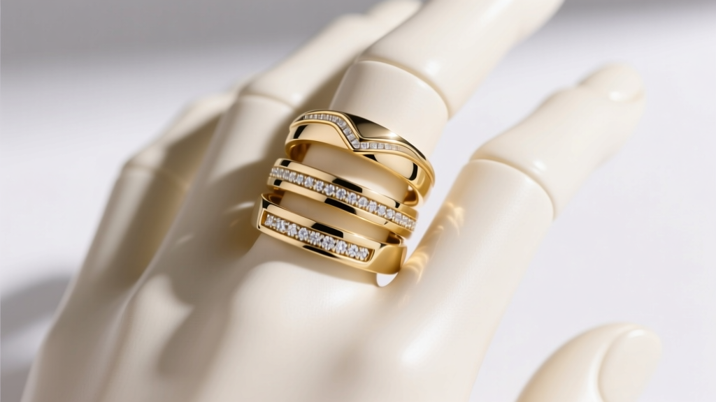 Three stacked 14k white gold eternity bands with pavé diamonds on a mannequin hand, showing contour and gap styles in bright light