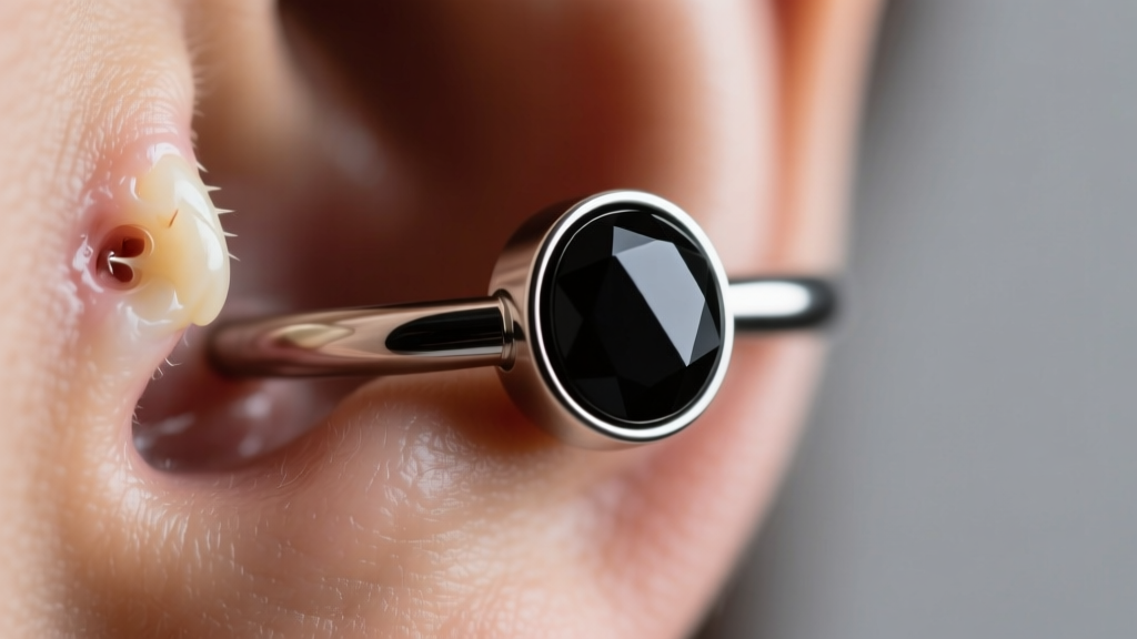 Close-up of 16-gauge titanium daith ring with bezel-set black obsidian in a healed cartilage piercing under soft studio light