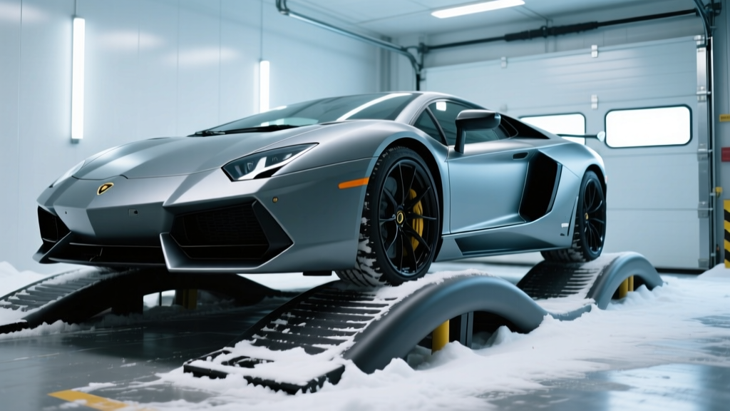 Close-up of a sports car resting on curved polyurethane flat-stopper ramps inside a climate-controlled garage during winter storage