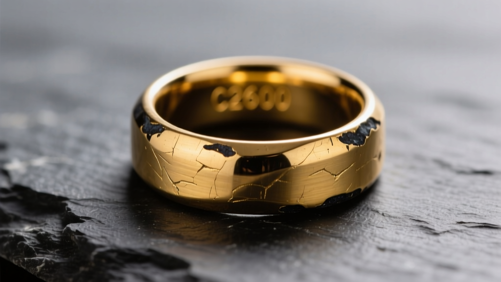Close-up of a raw C26000 brass signet ring on dark slate, showing warm golden-yellow metallic grain and subtle dark oxidation edges