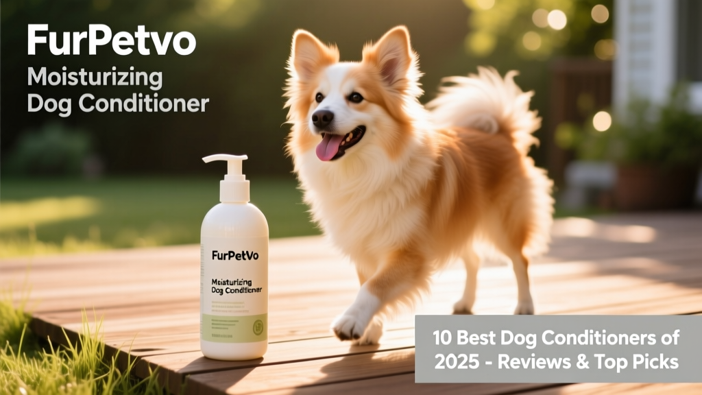 FurPetVo Moisturizing Dog Conditioner bottle beside a happy medium-sized dog with a soft, brushed coat
