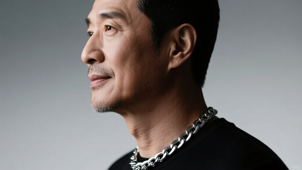 Side profile of a man wearing a 20-inch silver chain resting on his collarbone, neutral grey background, soft cinematic lighting