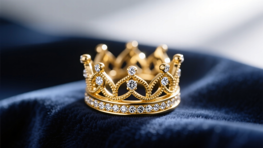 Macro shot of an 18k gold miniature crown ring with micro-pave diamonds and milgrain detailing, resting on dark navy velvet fabric.
