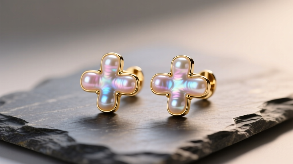 Close-up of Akoya pearl cross earrings on slate, showing iridescent nacre and 18k gold settings under soft, warm studio light.