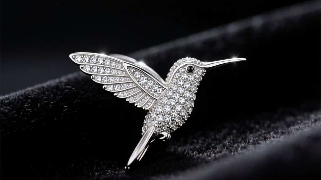 Macro shot of a platinum hummingbird wing pendant with micro-pavé diamonds, lit by warm studio light against dark velvet.