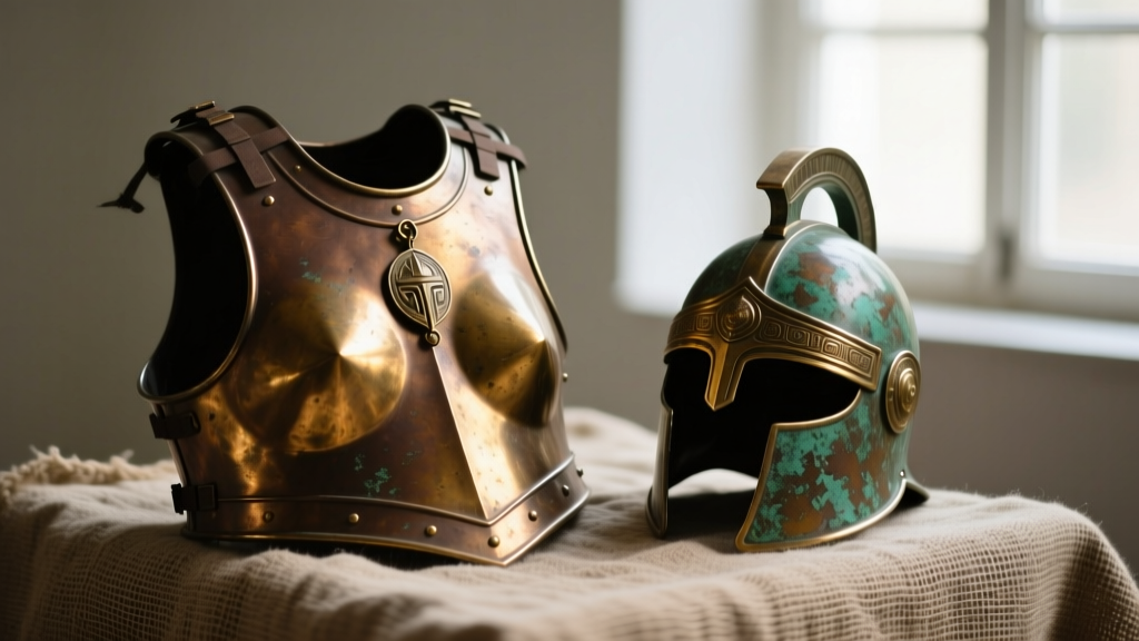 Polished bronze breastplate and helmet charms showing natural patina and oxidation, displayed on a piece of raw linen fabric.