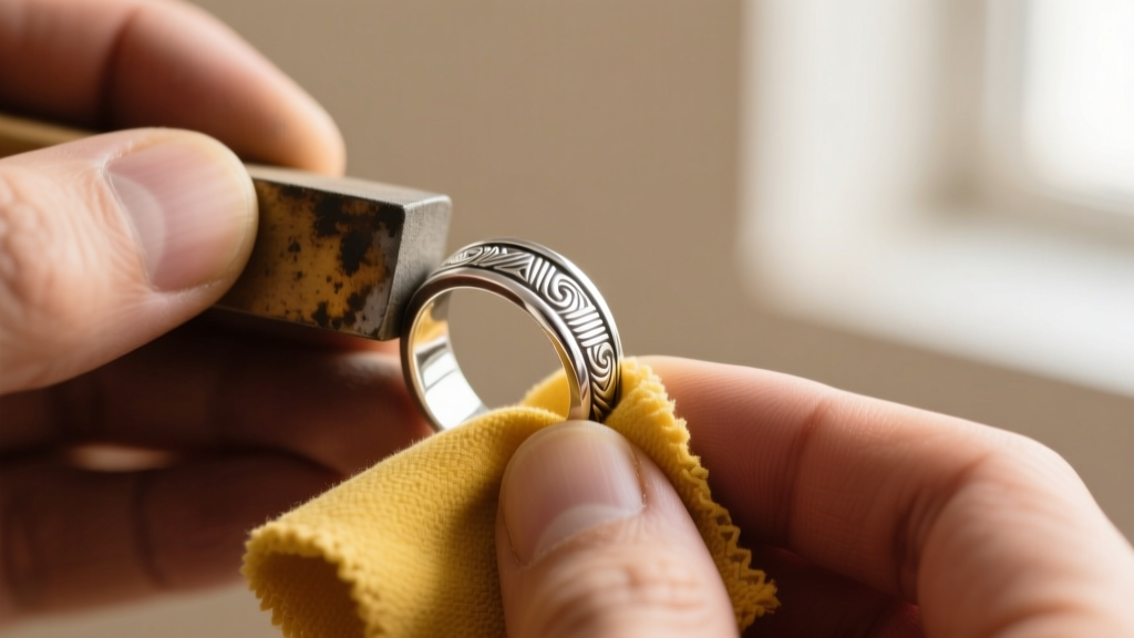 Hands polishing a sterling silver ring with a yellow treated cloth, showing the contrast between tarnished and shiny metal areas.