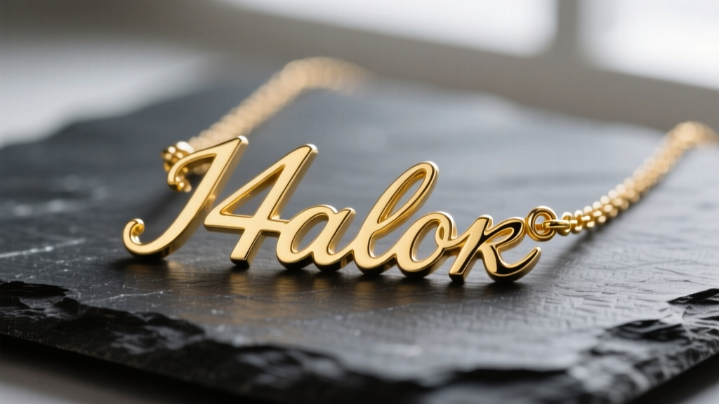 Macro shot of a cursive 14k yellow gold custom name necklace on dark slate, showing laser-cut edges and a highly polished finish.