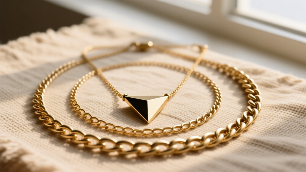 Flat lay of three layered brass necklaces of varying gauges with a geometric pendant, arranged on textured linen fabric