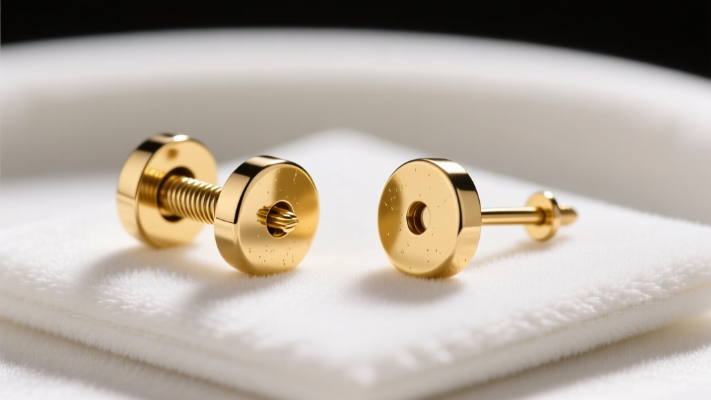 Side profile of a 20-gauge gold earring post with a screw-back clutch next to a friction back post on a white velvet pad