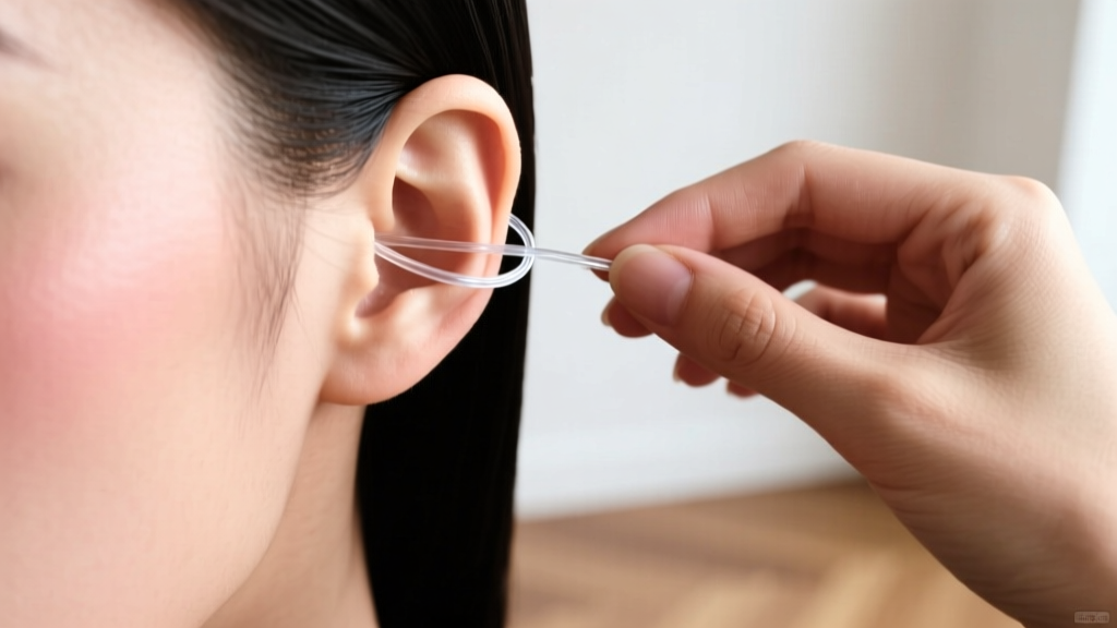 Hand gently inserting a delicate clear nylon wire ghost ear cuff along the upper cartilage helix in bright natural daylight.