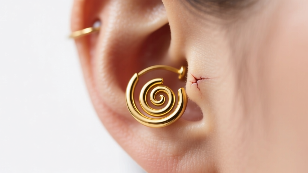 Macro shot of a 14k yellow gold spiral earring wrapping around a healed outer helix cartilage piercing under soft studio lighting