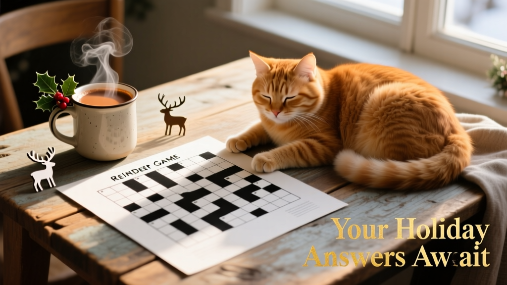 A clean, high-resolution image of the completed Reindeer Game crossword puzzle laid out on a rustic wooden table beside a steaming mug and a curled-up cat