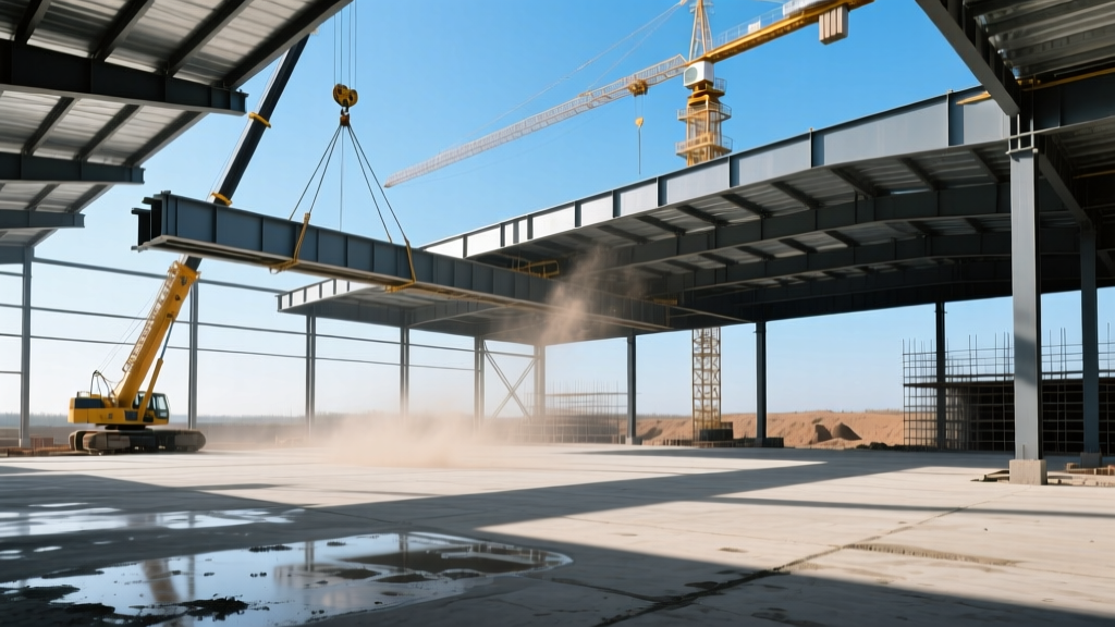 Massive steel-framed warehouse under construction with cranes lifting roof trusses over a freshly poured concrete slab