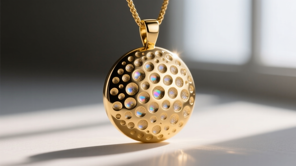 Macro shot of a sandblasted matte gold pendant surface showing microscopic pits that diffuse light to create a muted finish