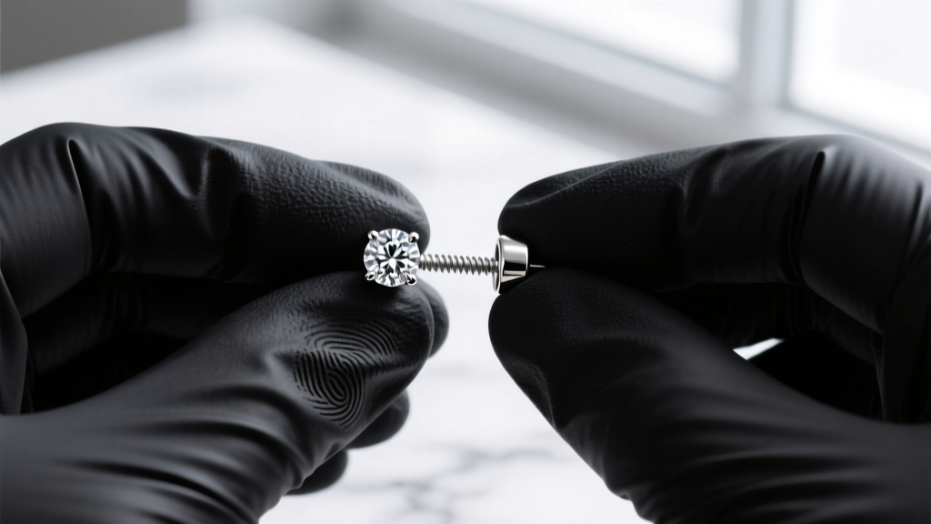 Jeweler in black nitrile gloves carefully gripping the threaded backing of a platinum diamond stud earring to gently unscrew it.