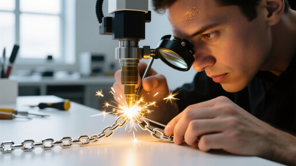 Macro shot of a laser welder repairing a platinum chain, with a bright spark illuminating the jeweler's dark workbench surface.
