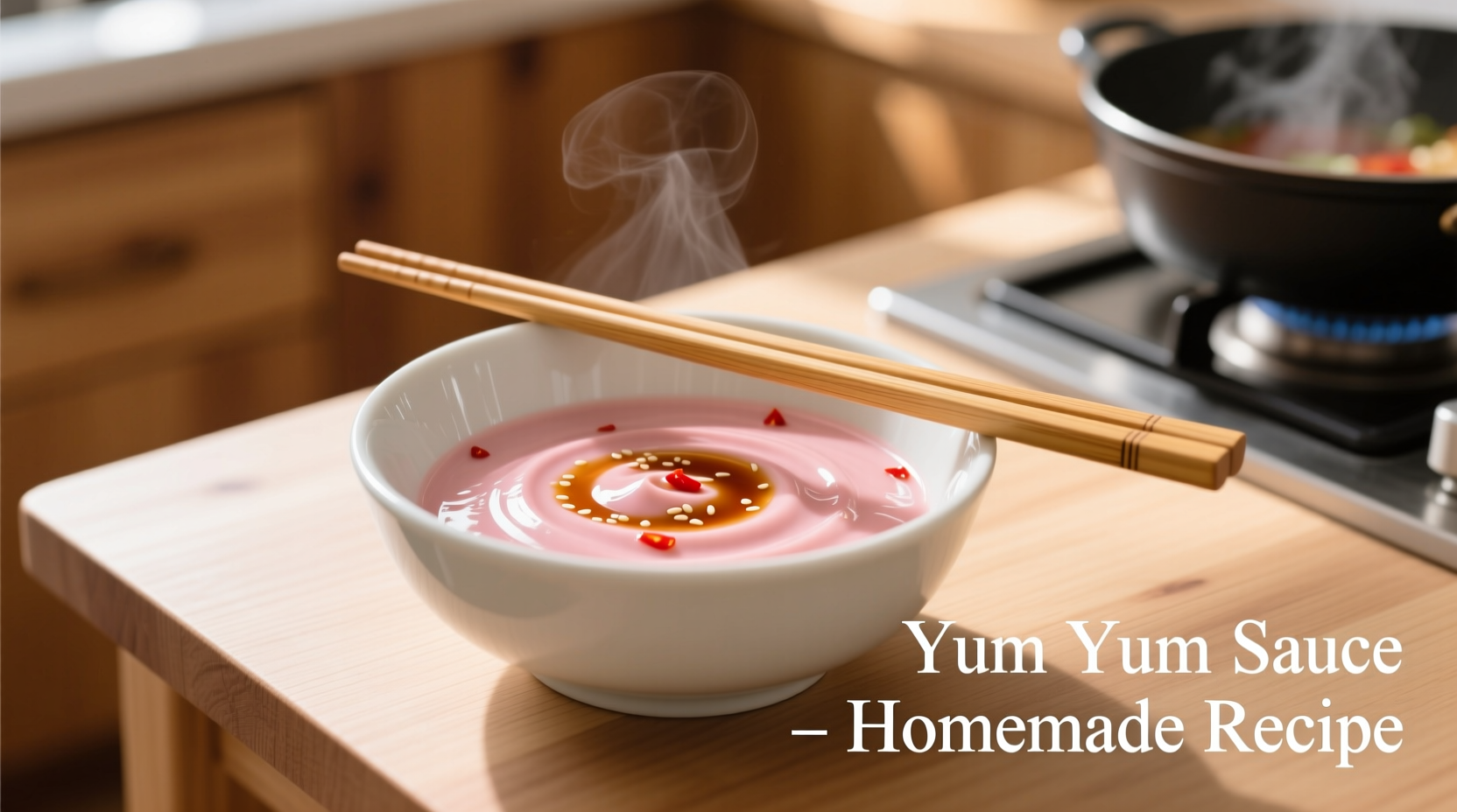Homemade yum yum sauce in white bowl with chopsticks